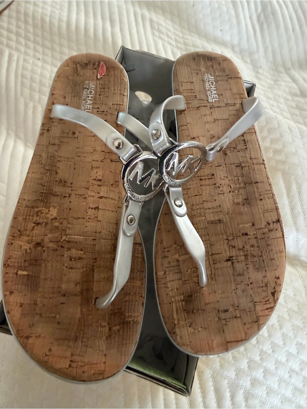 Michael Kors Silver MK Logo Cork Thong Sandals